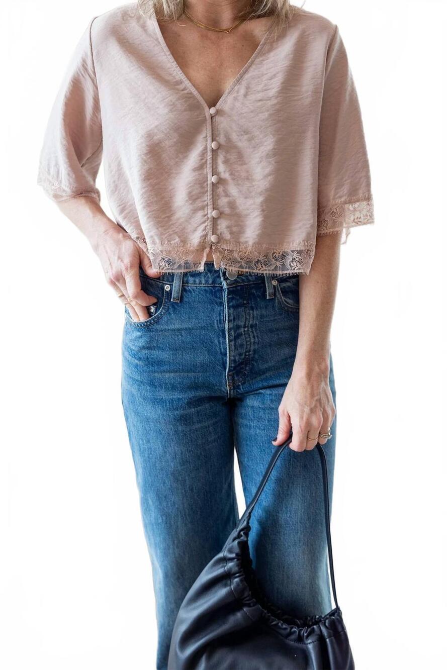 NEW SABLYN simone short sleeve button down top with lace in dune